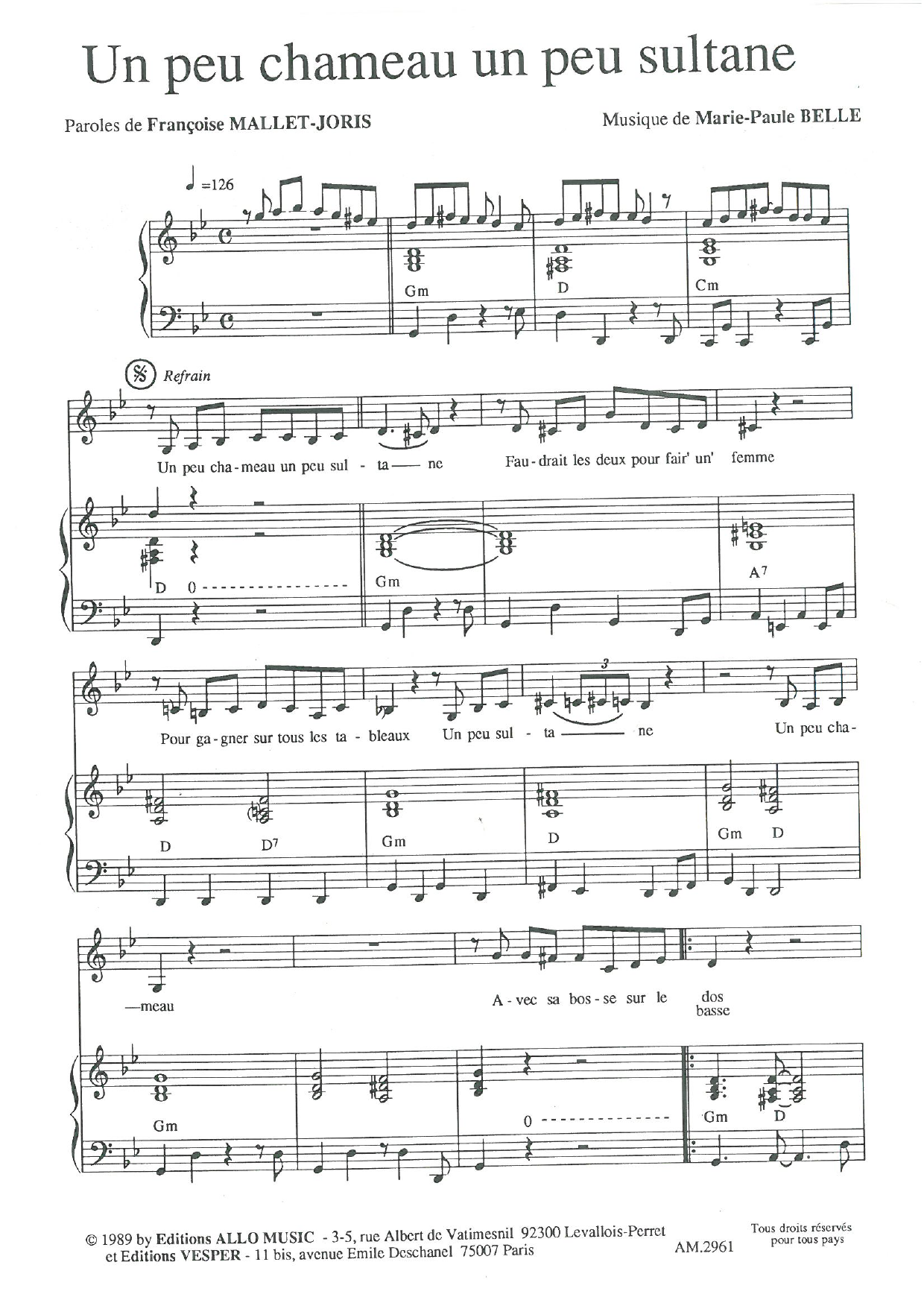 Learn to play Françoise Mallet-Joris and Marie Paule Belle Un Peu Chameau Un Peu Sultane sheet music for Piano & Vocal in minutes. Price: 7.8900$ Françoise Mallet-Joris and Marie Paule Belle Un Peu Chameau Un Peu Sultane sheet music notes and chords arranged for Piano & Vocal