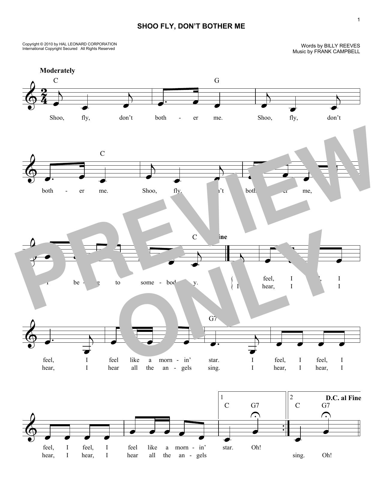 Frank Campbell Shoo Fly, Don't Bother Me sheet music notes and chords. Download Printable PDF.