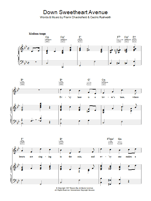 Learn to play Frank Chacksfield Down Sweetheart Avenue sheet music for Piano, Vocal & Guitar Chords in minutes. Price: 7.8900$ Frank Chacksfield Down Sweetheart Avenue sheet music notes and chords arranged for Piano, Vocal & Guitar Chords