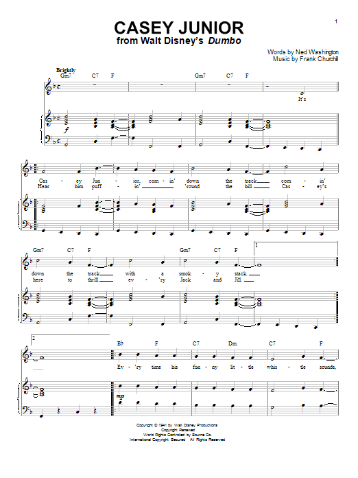 Learn to play Frank Churchill Casey Junior sheet music for Piano & Vocal in minutes. Price: 7.8900$ Frank Churchill Casey Junior sheet music notes and chords arranged for Piano & Vocal