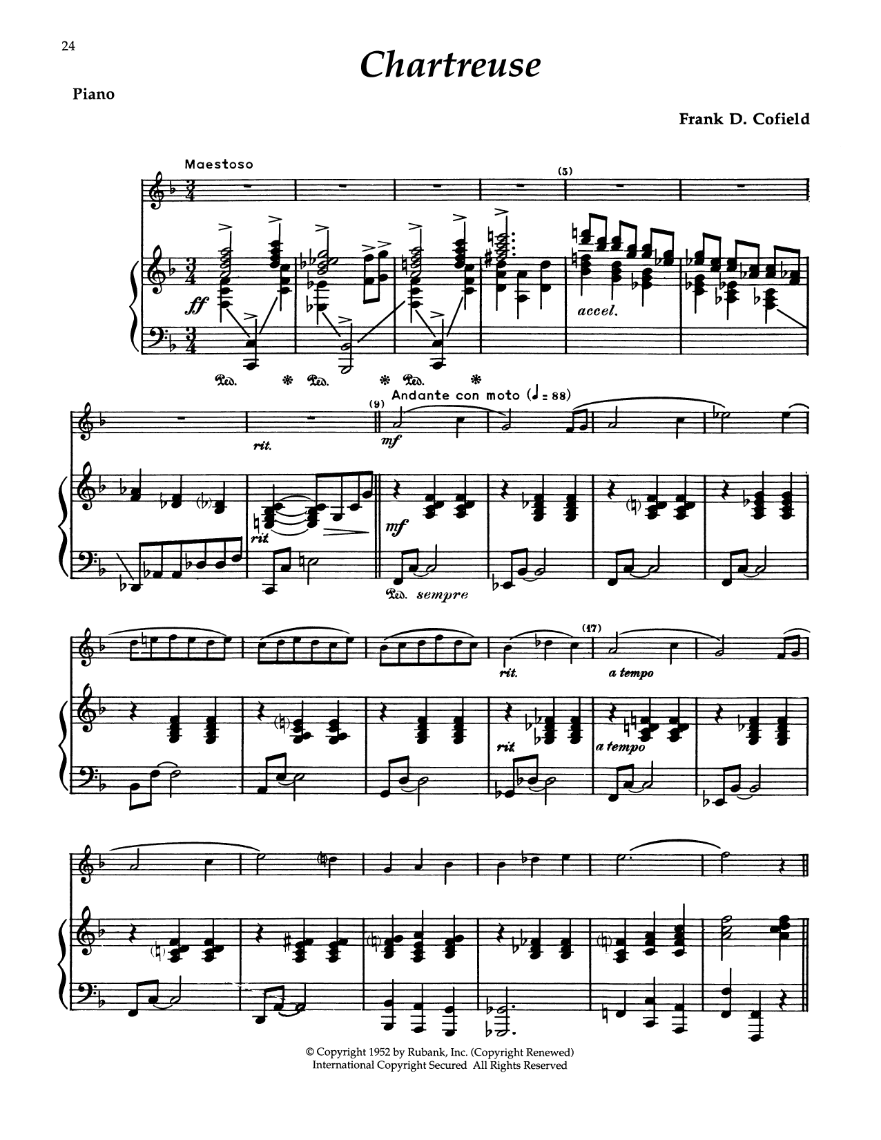 Learn to play Frank D. Cofield Chartreuse sheet music for Alto Sax and Piano in minutes. Price: 7.8900$ Frank D. Cofield Chartreuse sheet music notes and chords arranged for Alto Sax and Piano