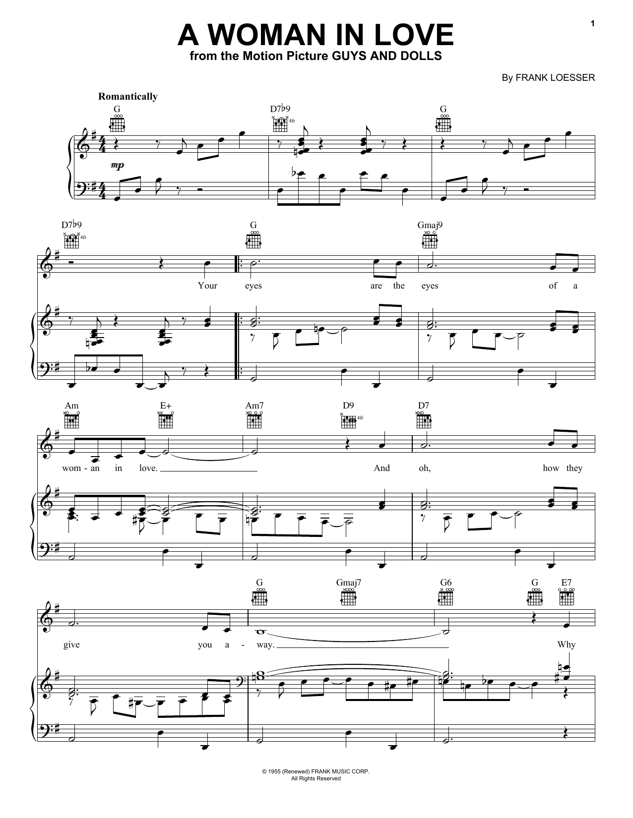 Learn to play Frank Loesser A Woman In Love sheet music for Piano, Vocal & Guitar Chords (Right-Hand Melody) in minutes. Price: 7.8900$ Frank Loesser A Woman In Love sheet music notes and chords arranged for Piano, Vocal & Guitar Chords (Right-Hand Melody)