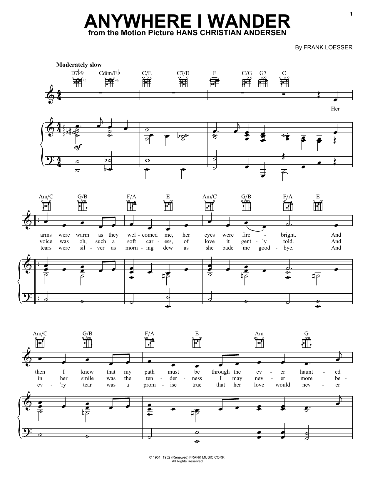 Frank Loesser Anywhere I Wander sheet music notes and chords. Download Printable PDF.