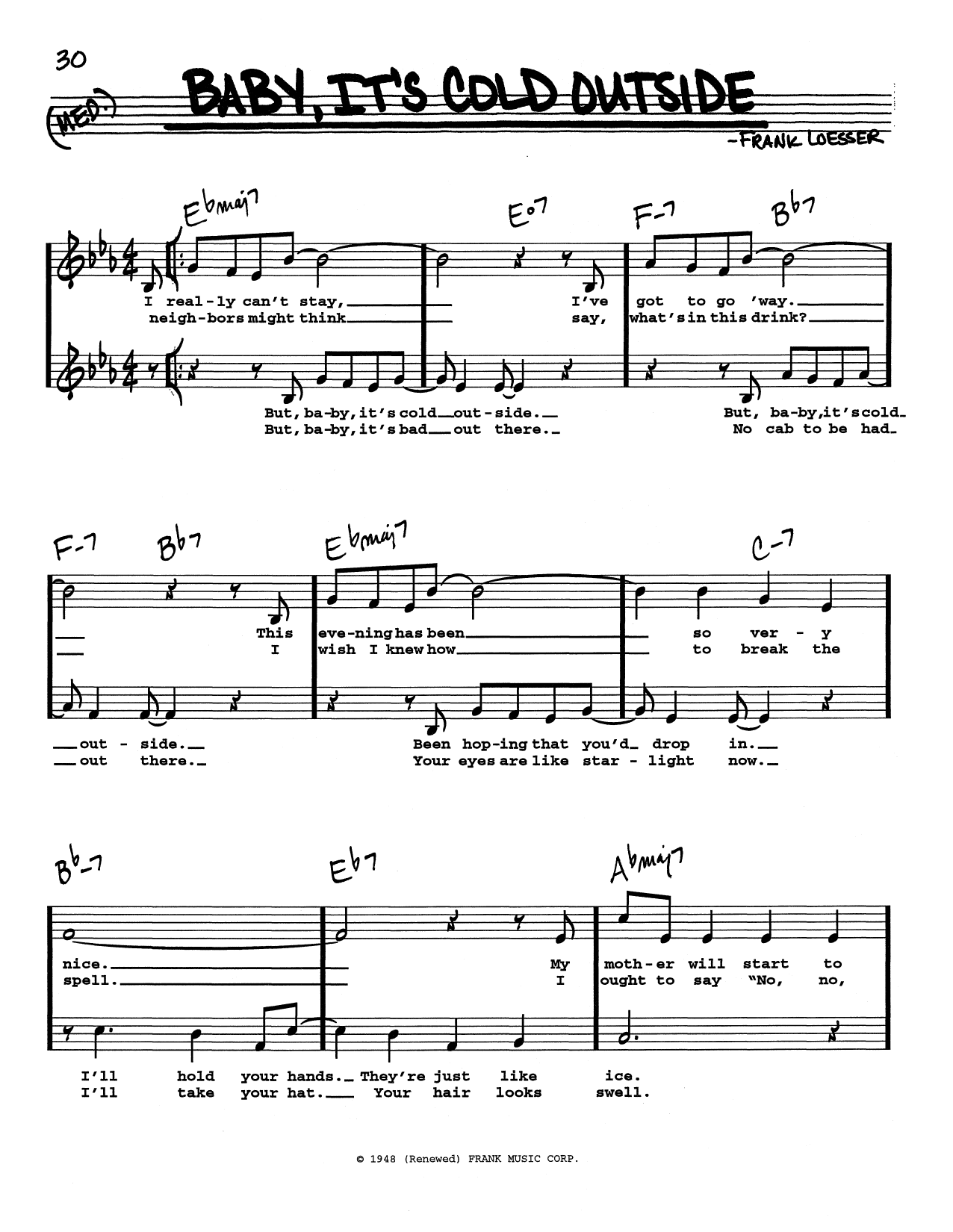 Frank Loesser Baby, It's Cold Outside (Low Voice) sheet music notes and chords. Download Printable PDF.