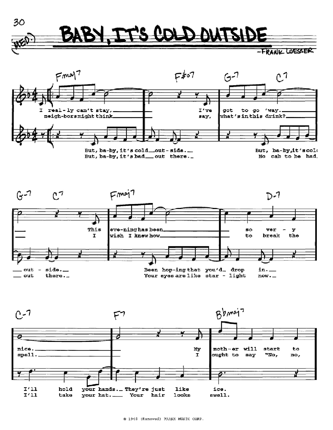 Frank Loesser Baby, It's Cold Outside sheet music notes and chords. Download Printable PDF.