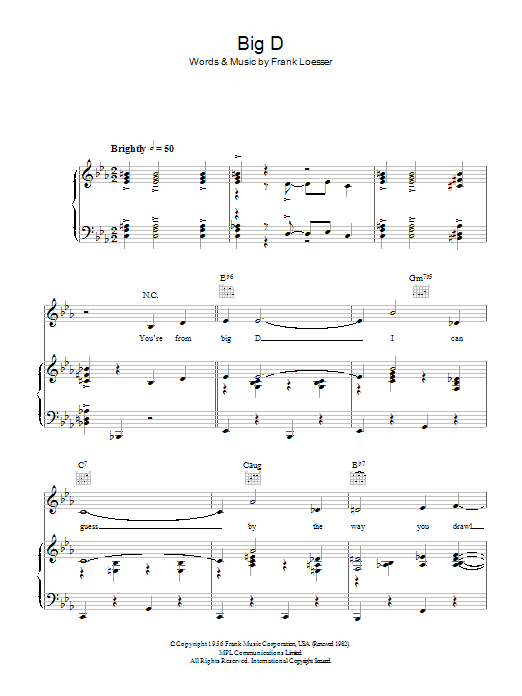 Learn to play Frank Loesser Big D sheet music for Piano, Vocal & Guitar Chords in minutes. Price: 7.8900$ Frank Loesser Big D sheet music notes and chords arranged for Piano, Vocal & Guitar Chords