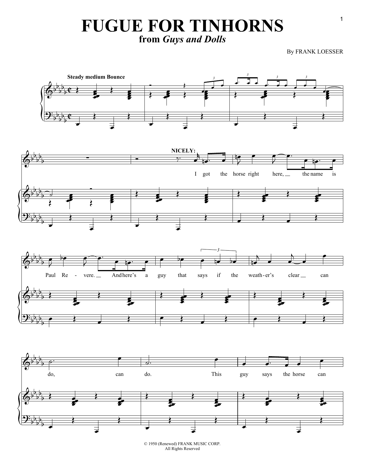 Frank Loesser Fugue For Tinhorns sheet music notes and chords. Download Printable PDF.