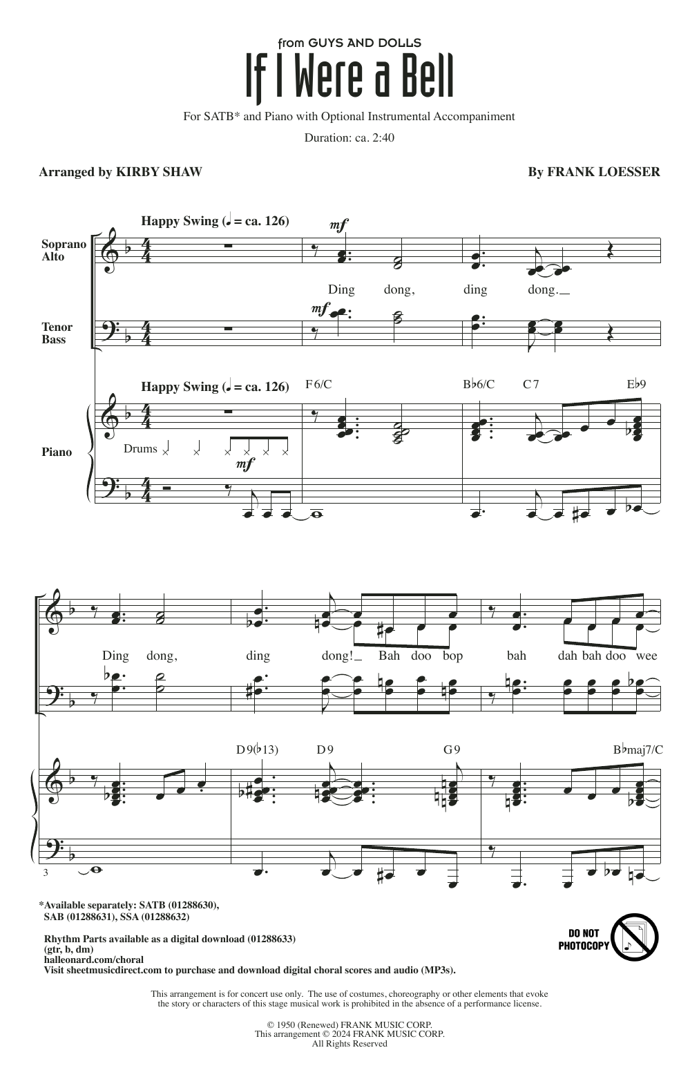 Frank Loesser If I Were A Bell (from Guys And Dolls) (arr. Kirby Shaw) sheet music notes and chords. Download Printable PDF.