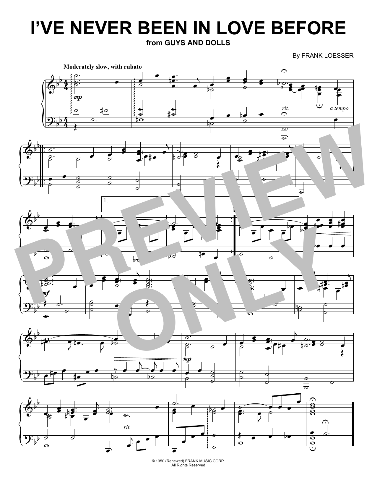 Learn to play Frank Loesser I've Never Been In Love Before (from Guys And Dolls) (Peaceful Piano Solo) sheet music for Piano Solo in minutes. Price: 7.8900$ Frank Loesser I've Never Been In Love Before (from Guys And Dolls) (Peaceful Piano Solo) sheet music notes and chords arranged for Piano Solo