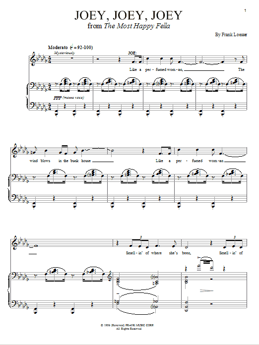 Learn to play Frank Loesser Joey, Joey, Joey sheet music for Real Book – Melody & Chords in minutes. Price: 5.9900$ Frank Loesser Joey, Joey, Joey sheet music notes and chords arranged for Real Book – Melody & Chords