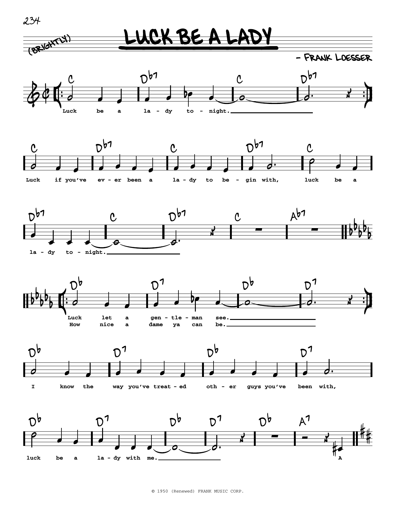 Frank Loesser Luck Be A Lady (High Voice) (from Guys And Dolls) sheet music notes and chords. Download Printable PDF.