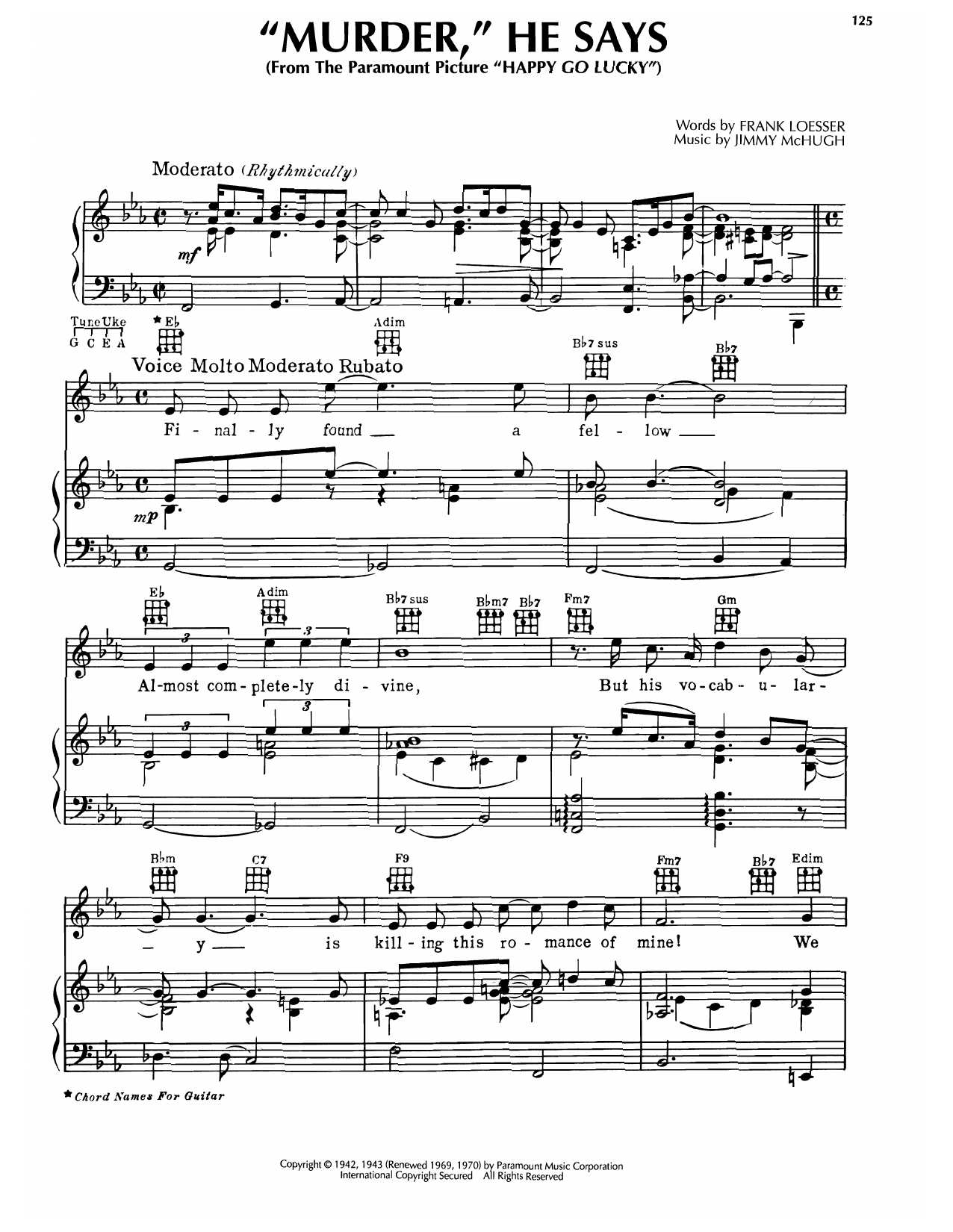 Frank Loesser Murder, He Says (from Happy Go Lucky) sheet music notes and chords. Download Printable PDF.