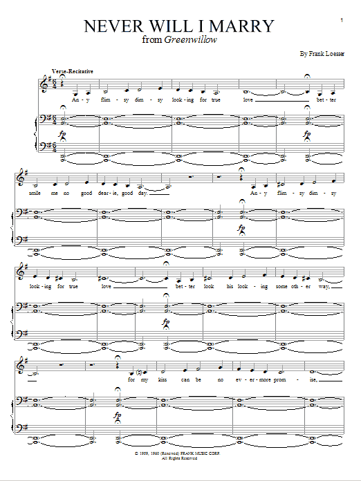 Frank Loesser Never Will I Marry sheet music notes and chords. Download Printable PDF.