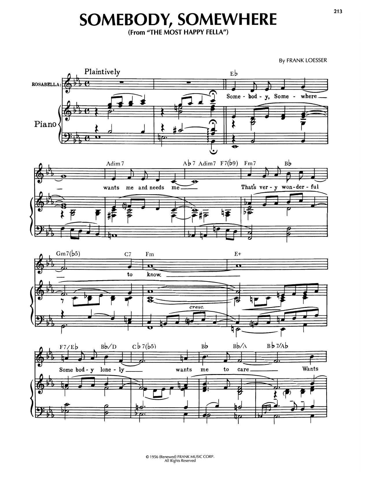 Frank Loesser Somebody, Somewhere (from The Most Happy Fella) sheet music notes and chords. Download Printable PDF.