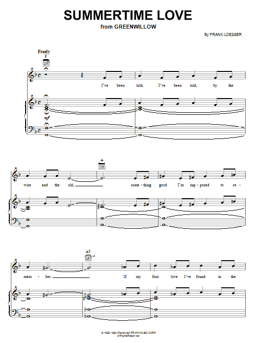 Learn to play Frank Loesser Summertime Love sheet music for Piano, Vocal & Guitar Chords (Right-Hand Melody) in minutes. Price: 7.8900$ Frank Loesser Summertime Love sheet music notes and chords arranged for Piano, Vocal & Guitar Chords (Right-Hand Melody)