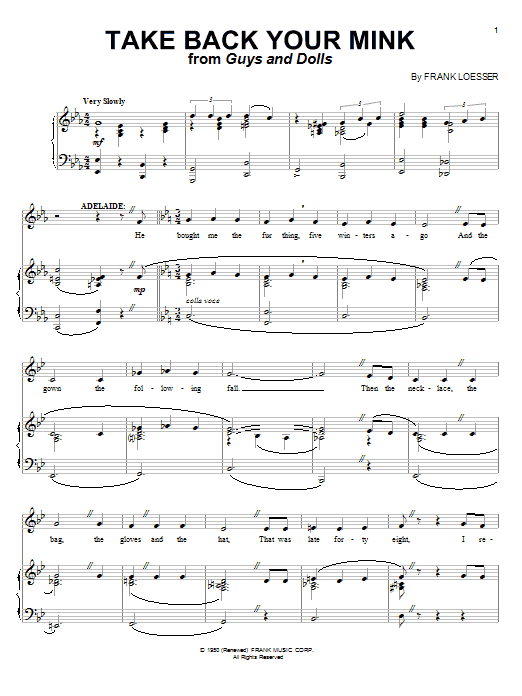 Learn to play Frank Loesser Take Back Your Mink sheet music for Piano, Vocal & Guitar Chords (Right-Hand Melody) in minutes. Price: 7.8900$ Frank Loesser Take Back Your Mink sheet music notes and chords arranged for Piano, Vocal & Guitar Chords (Right-Hand Melody)