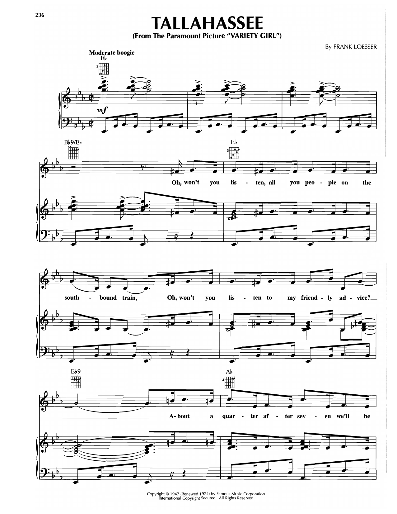 Learn to play Frank Loesser Tallahassee sheet music for Piano, Vocal & Guitar Chords (Right-Hand Melody) in minutes. Price: 7.8900$ Frank Loesser Tallahassee sheet music notes and chords arranged for Piano, Vocal & Guitar Chords (Right-Hand Melody)