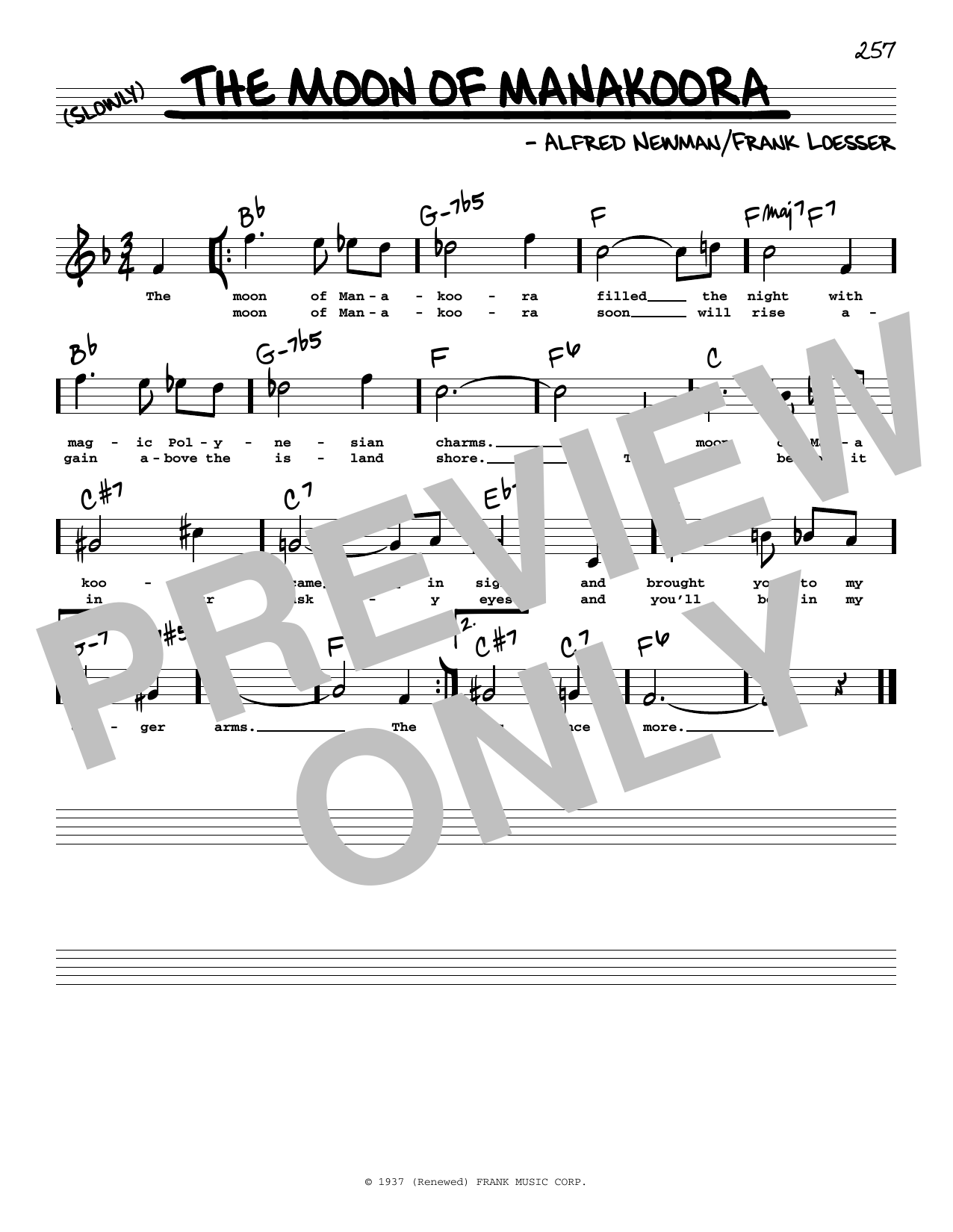 Learn to play Frank Loesser The Moon Of Manakoora (High Voice) (from The Hurricane) sheet music for Real Book – Melody, Lyrics & Chords in minutes. Price: 5.9900$ Frank Loesser The Moon Of Manakoora (High Voice) (from The Hurricane) sheet music notes and chords arranged for Real Book – Melody, Lyrics & Chords