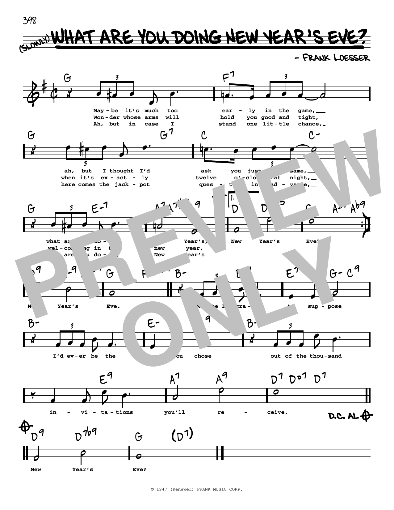 Learn to play Frank Loesser What Are You Doing New Year's Eve? (High Voice) sheet music for Real Book – Melody, Lyrics & Chords in minutes. Price: 5.9900$ Frank Loesser What Are You Doing New Year's Eve? (High Voice) sheet music notes and chords arranged for Real Book – Melody, Lyrics & Chords