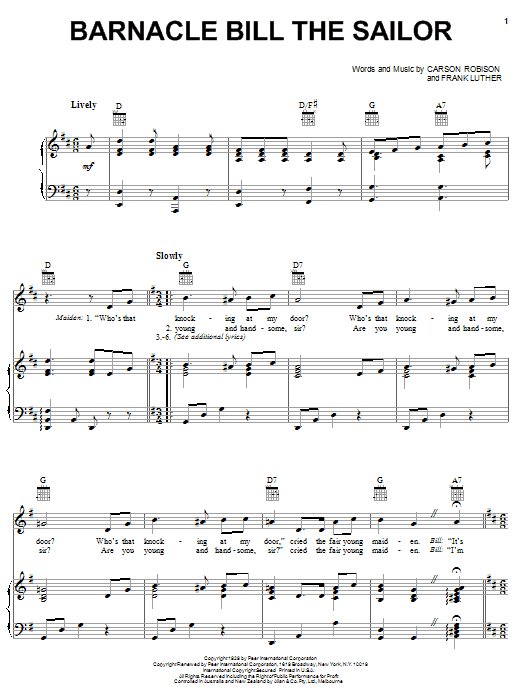 Frank Luther Barnacle Bill The Sailor sheet music notes and chords arranged for Piano, Vocal & Guitar Chords (Right-Hand Melody)