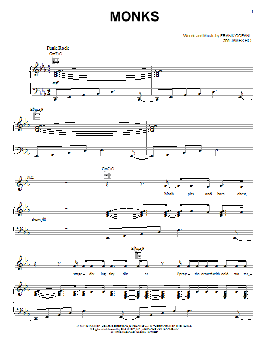 Learn to play Frank Ocean Monks sheet music for Piano, Vocal & Guitar Chords (Right-Hand Melody) in minutes. Price: 7.8900$ Frank Ocean Monks sheet music notes and chords arranged for Piano, Vocal & Guitar Chords (Right-Hand Melody)