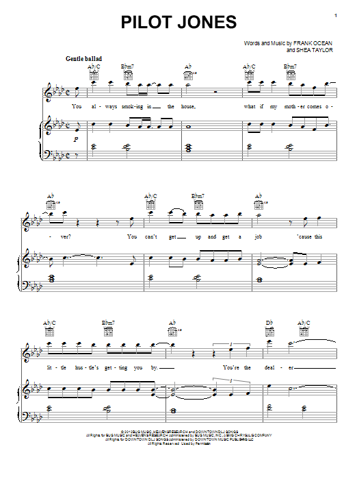 Learn to play Frank Ocean Pilot Jones sheet music for Piano, Vocal & Guitar Chords (Right-Hand Melody) in minutes. Price: 7.8900$ Frank Ocean Pilot Jones sheet music notes and chords arranged for Piano, Vocal & Guitar Chords (Right-Hand Melody)