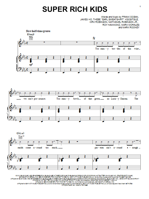 Frank Ocean Super Rich Kids sheet music notes and chords arranged for Piano, Vocal & Guitar Chords (Right-Hand Melody)