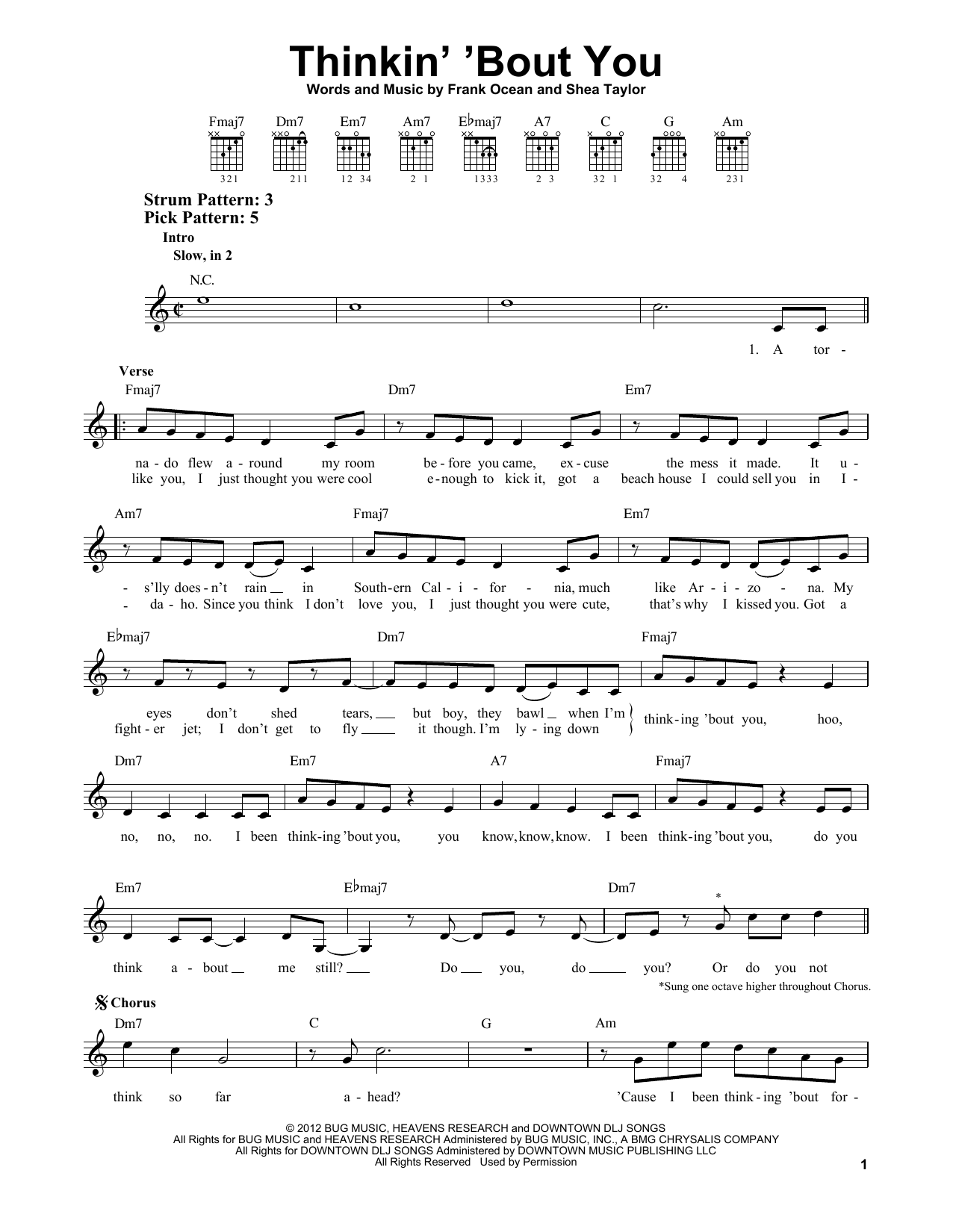 Frank Ocean Thinkin' 'Bout You sheet music notes and chords. Download Printable PDF.