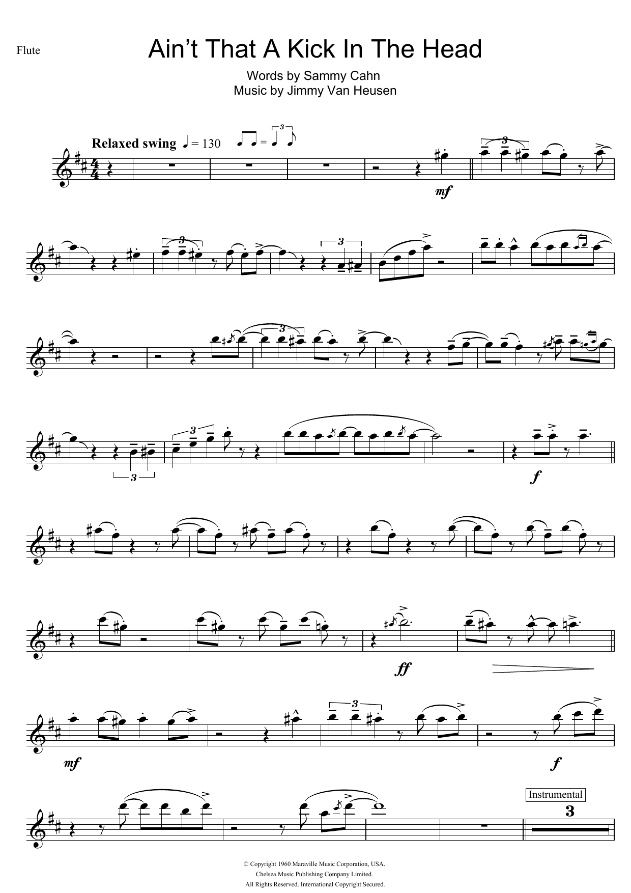 Frank Sinatra Ain't That A Kick In The Head sheet music notes and chords arranged for Flute Solo