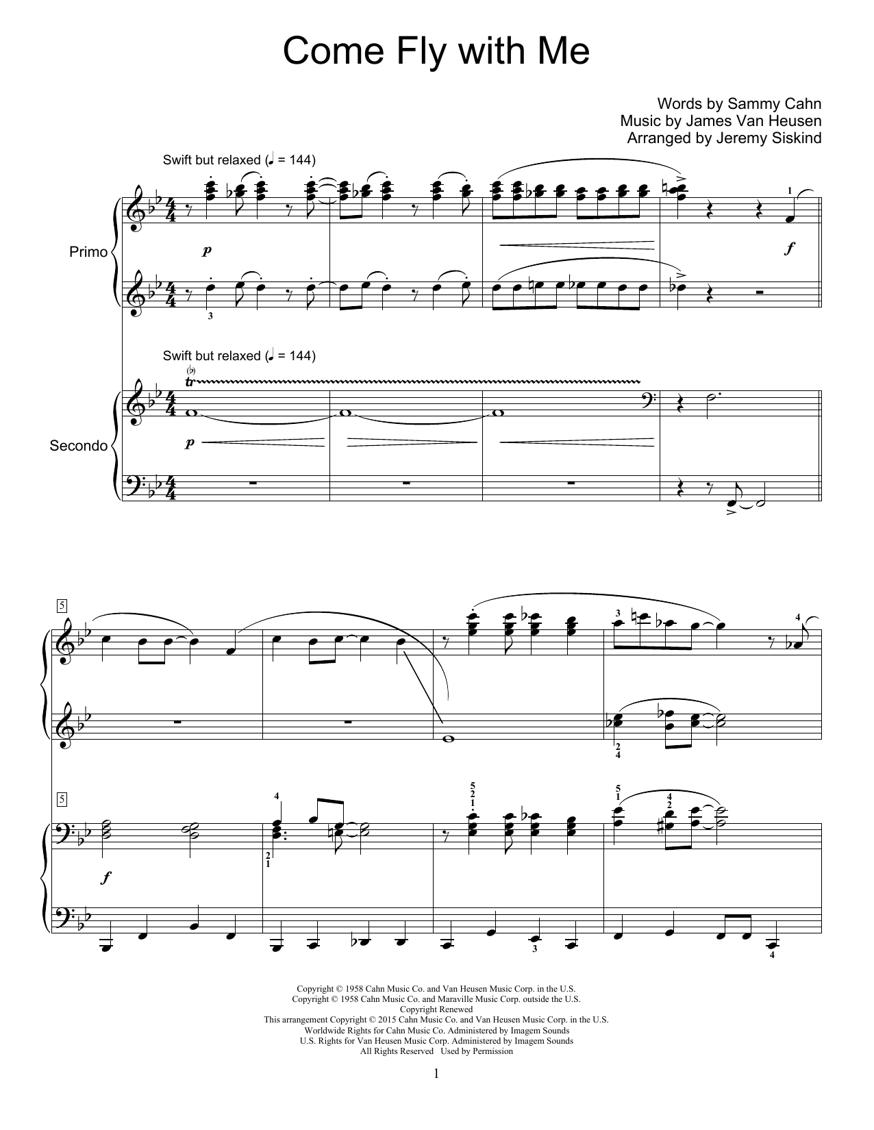 Jeremy Siskind Come Fly With Me sheet music notes and chords arranged for Piano Duet