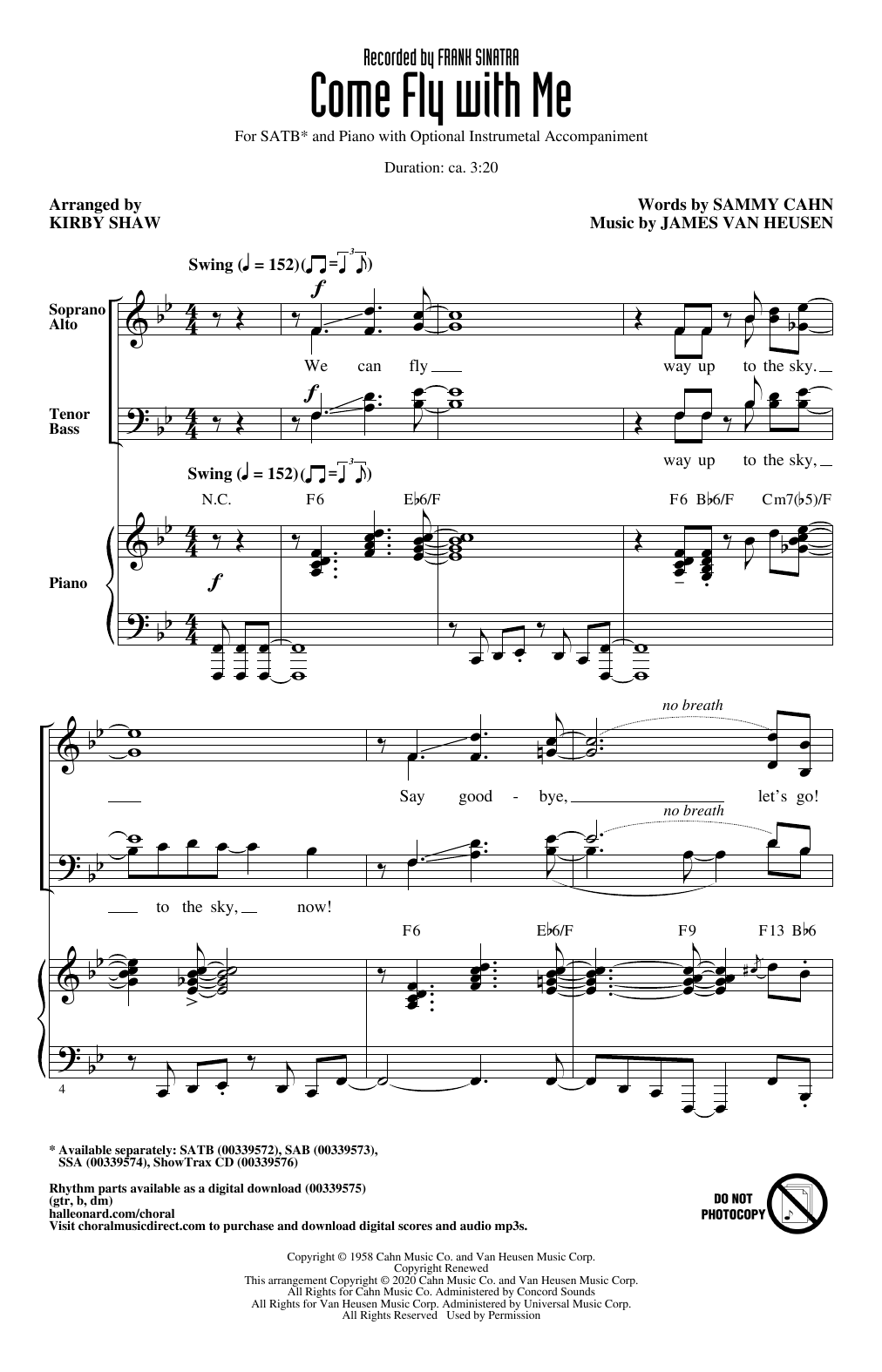 Frank Sinatra Come Fly With Me (arr. Kirby Shaw) sheet music notes and chords. Download Printable PDF.