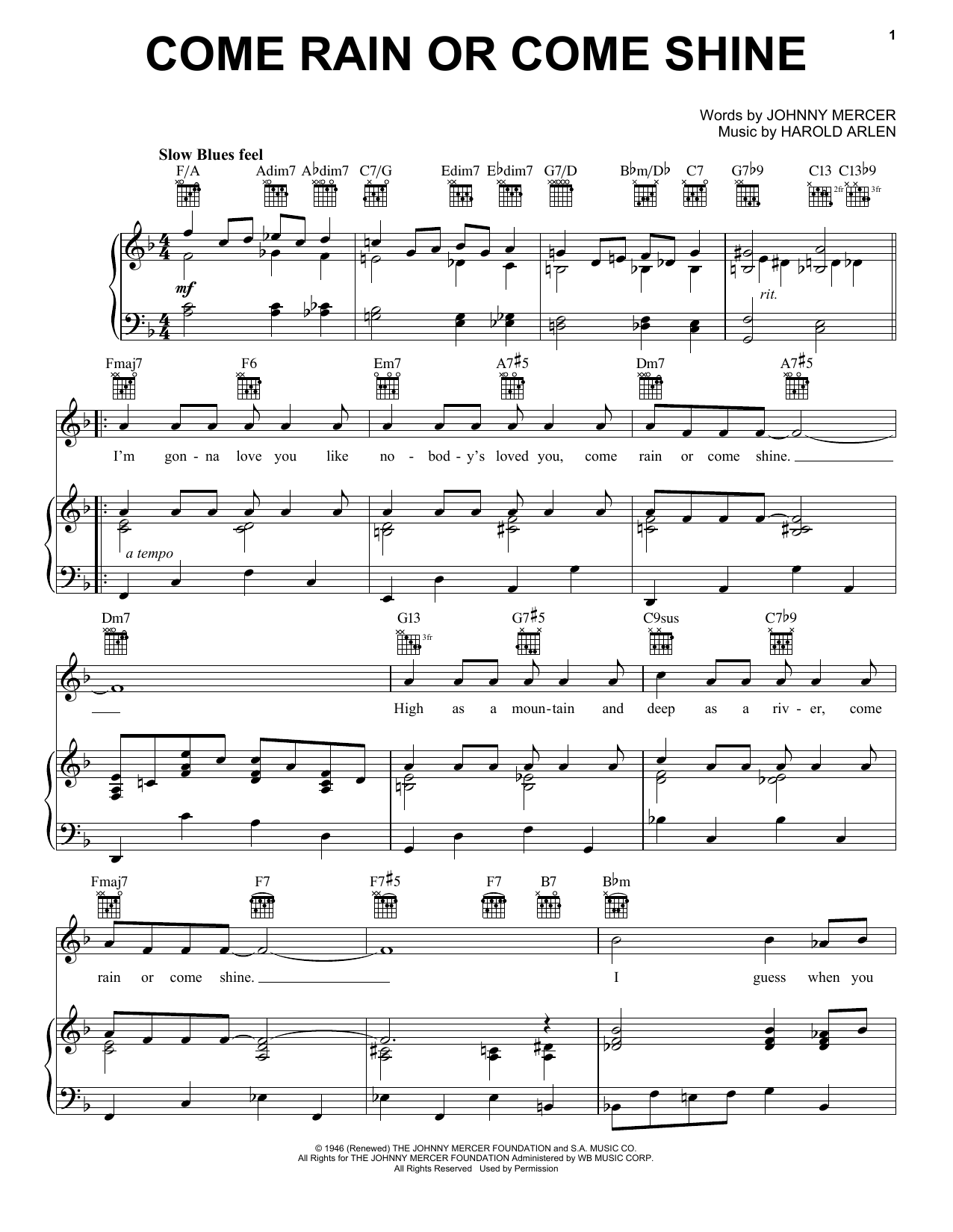 Frank Sinatra Come Rain Or Come Shine sheet music notes and chords. Download Printable PDF.