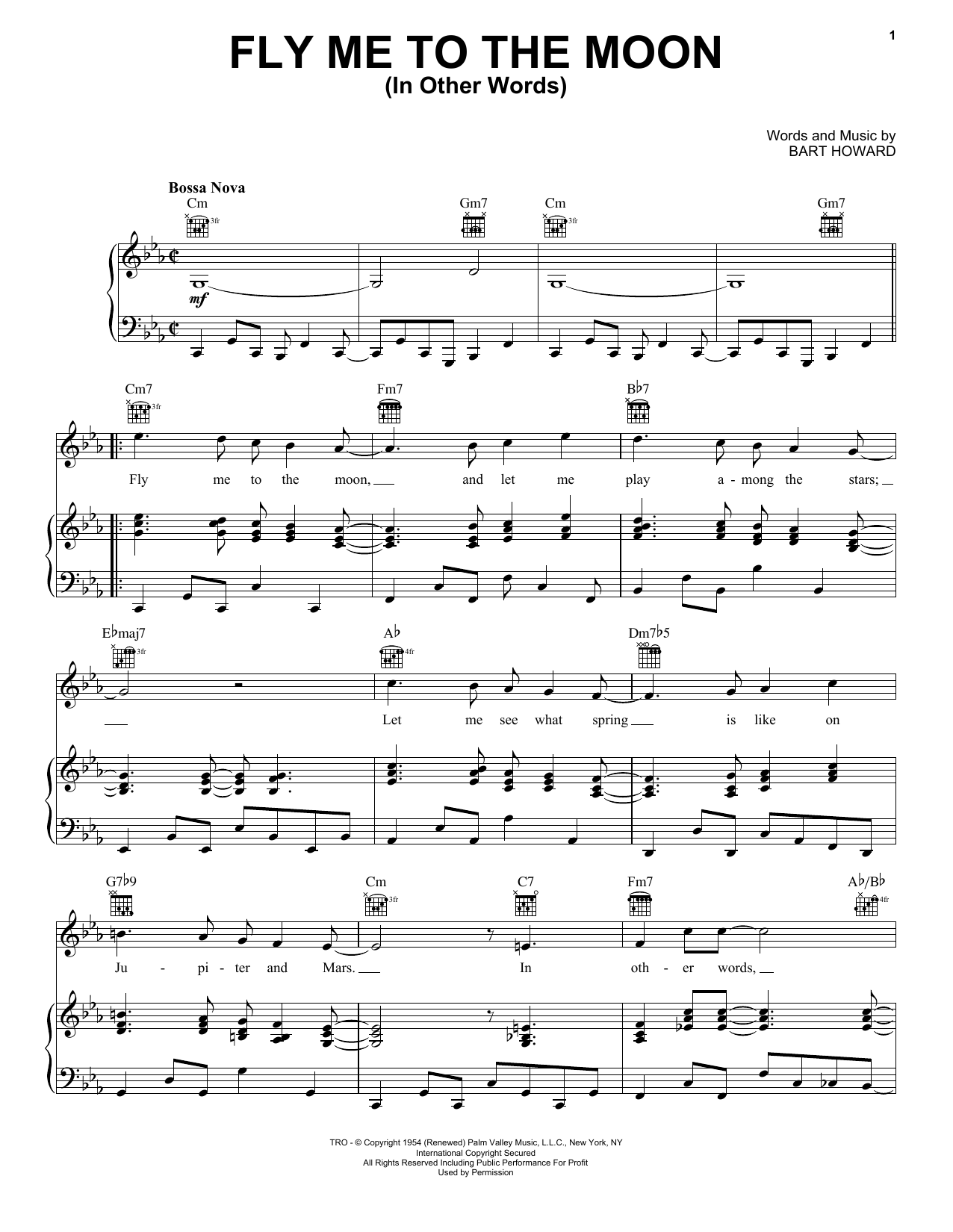 Frank Sinatra Fly Me To The Moon (In Other Words) sheet music notes and chords arranged for Piano, Vocal & Guitar Chords (Right-Hand Melody)