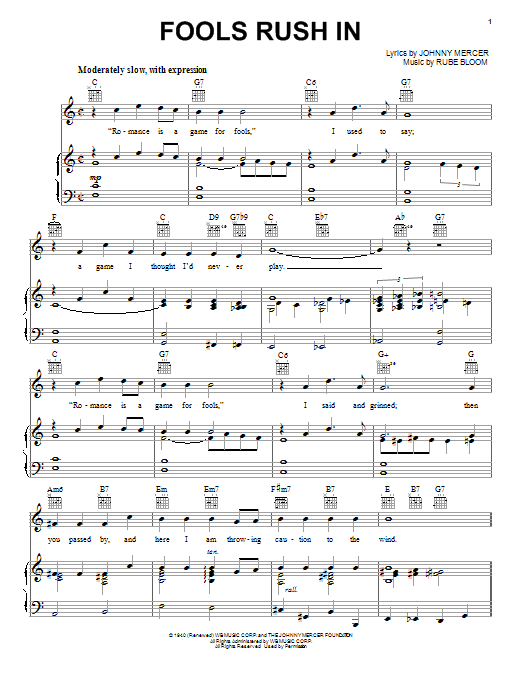 Frank Sinatra Fools Rush In sheet music notes and chords arranged for Piano, Vocal & Guitar Chords (Right-Hand Melody)