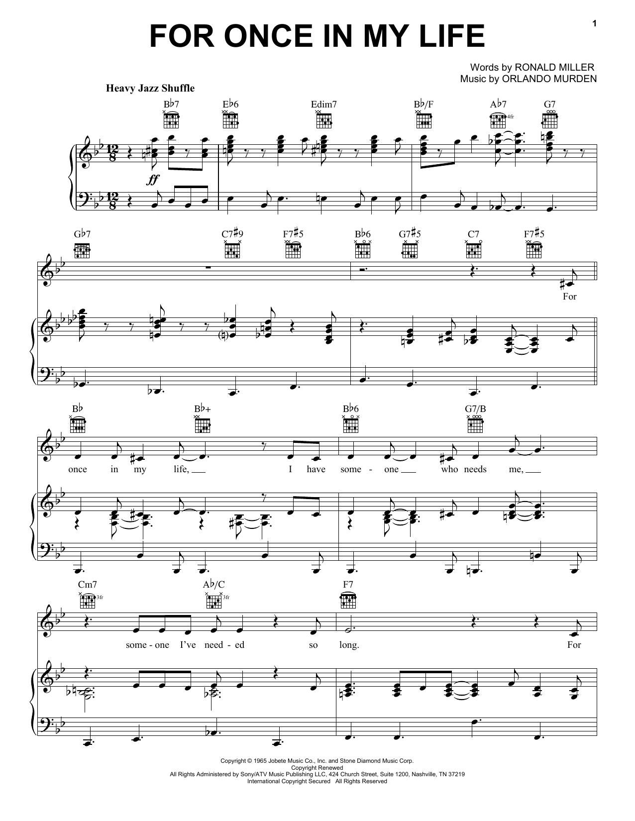 Frank Sinatra For Once In My Life sheet music notes and chords. Download Printable PDF.