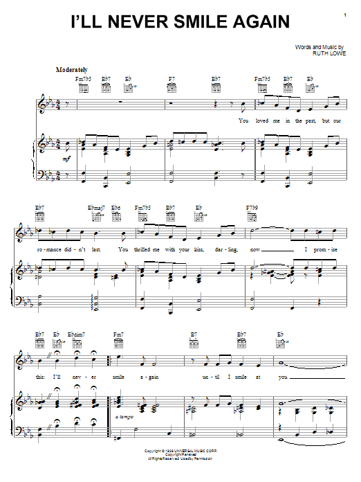 Frank Sinatra I'll Never Smile Again sheet music notes and chords. Download Printable PDF.