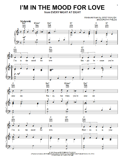 Frank Sinatra I'm In The Mood For Love sheet music notes and chords. Download Printable PDF.