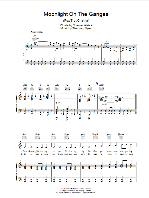 Learn to play Sherman Myers Moonlight On The Ganges sheet music for Piano, Vocal & Guitar Chords in minutes. Price: 7.8900$ Sherman Myers Moonlight On The Ganges sheet music notes and chords arranged for Piano, Vocal & Guitar Chords