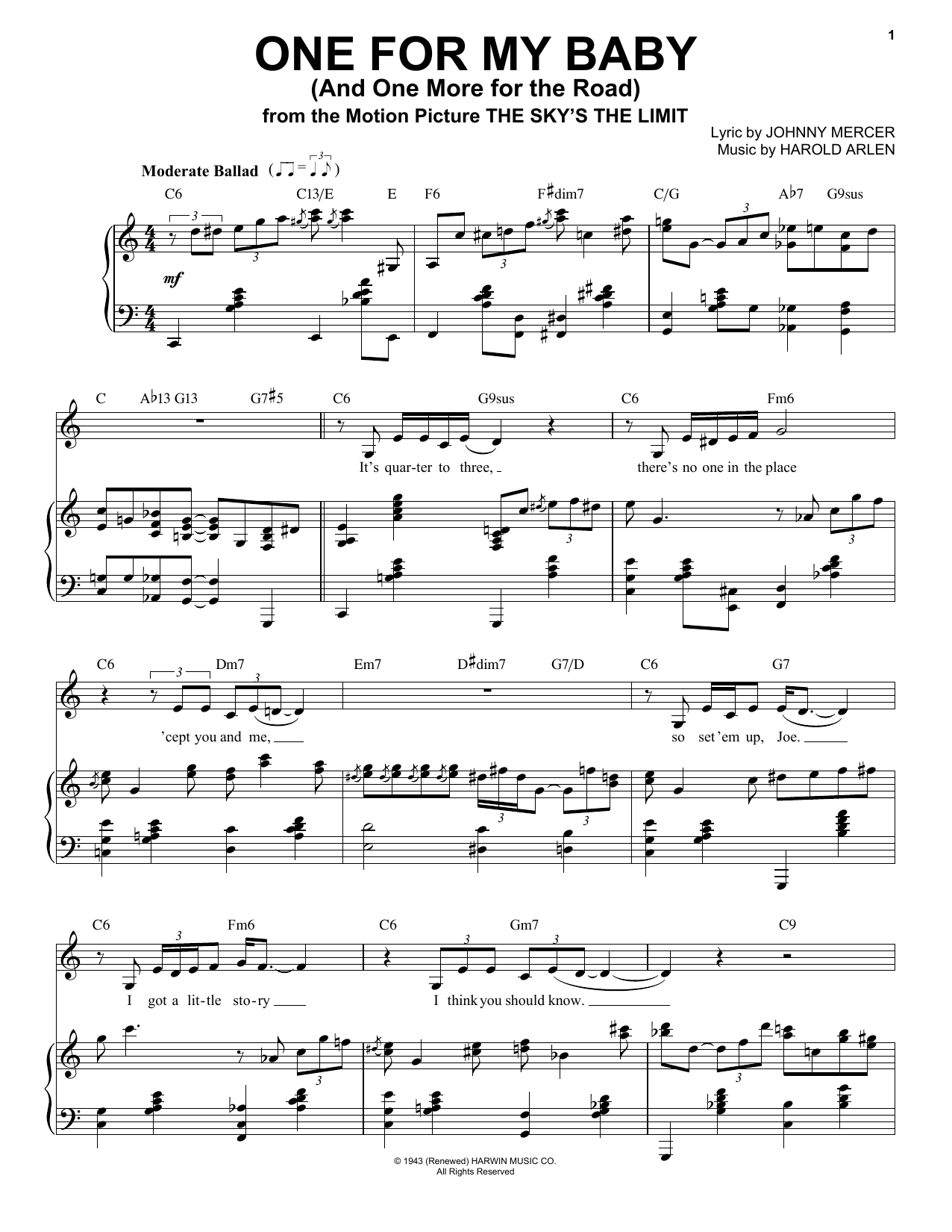 Frank Sinatra One For My Baby (And One More For The Road) sheet music notes and chords arranged for Piano, Vocal & Guitar Chords