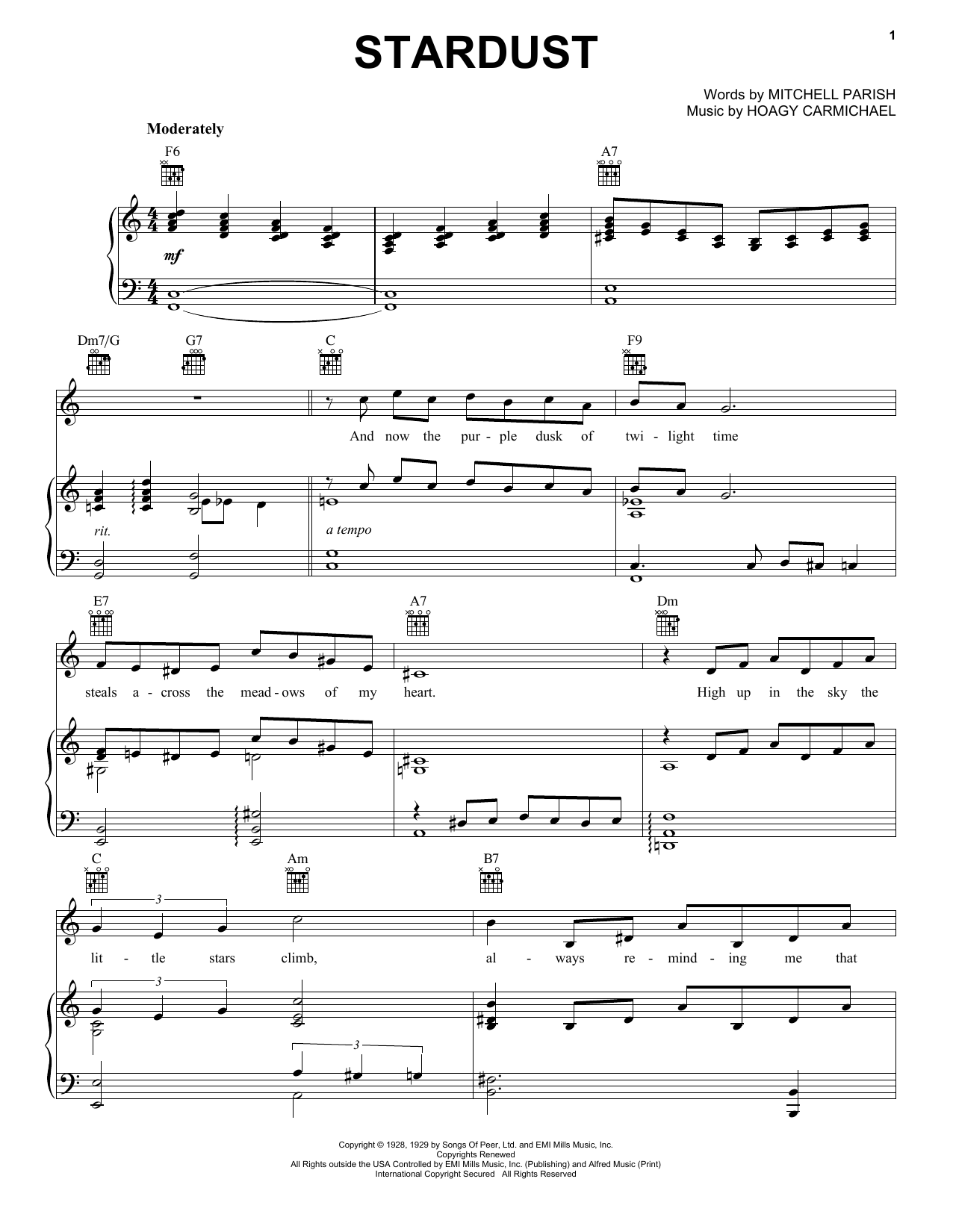 Frank Sinatra Stardust sheet music notes and chords arranged for Piano, Vocal & Guitar Chords