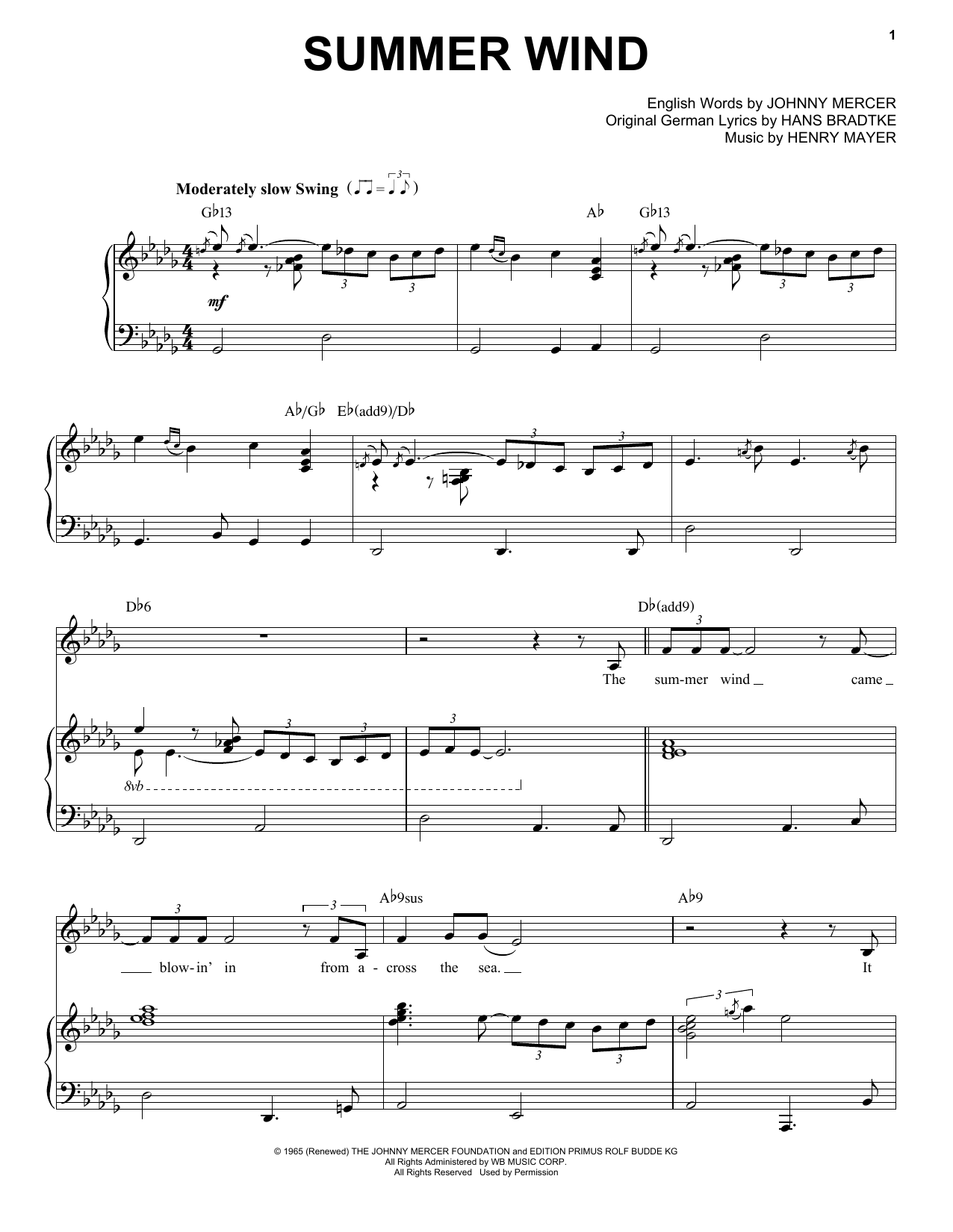 Frank Sinatra Summer Wind sheet music notes and chords. Download Printable PDF.