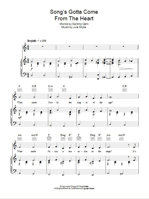 Frank Sinatra The Song's Gotta Come From The Heart sheet music notes and chords arranged for Piano, Vocal & Guitar Chords