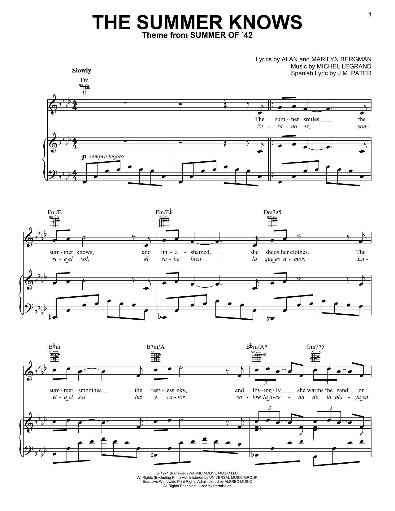 Frank Sinatra The Summer Knows (Theme from Summer Of '42) sheet music notes and chords. Download Printable PDF.