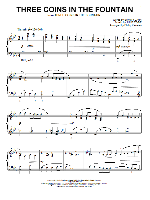 Frank Sinatra Three Coins In The Fountain sheet music notes and chords arranged for Piano Solo