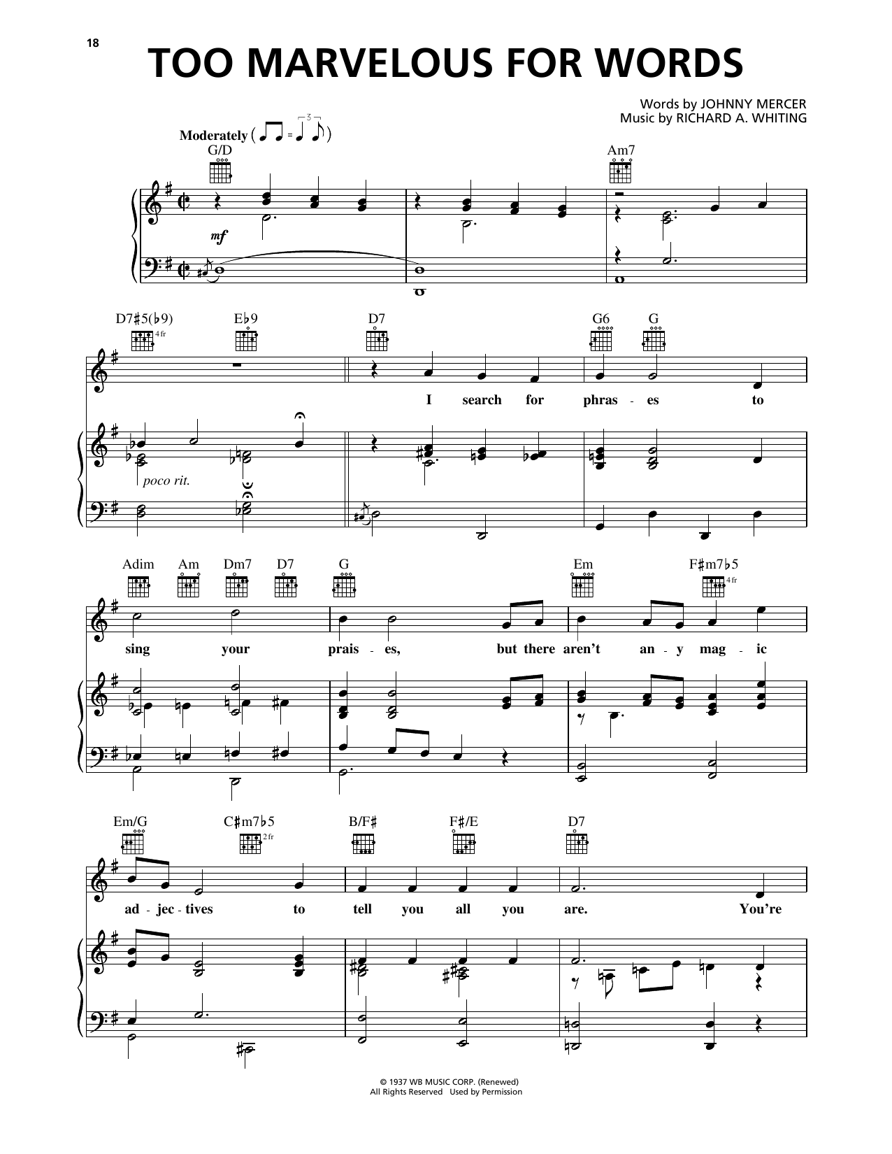 Learn to play Frank Sinatra Too Marvelous For Words sheet music for Piano, Vocal & Guitar Chords (Right-Hand Melody) in minutes. Price: 7.8900$ Frank Sinatra Too Marvelous For Words sheet music notes and chords arranged for Piano, Vocal & Guitar Chords (Right-Hand Melody)
