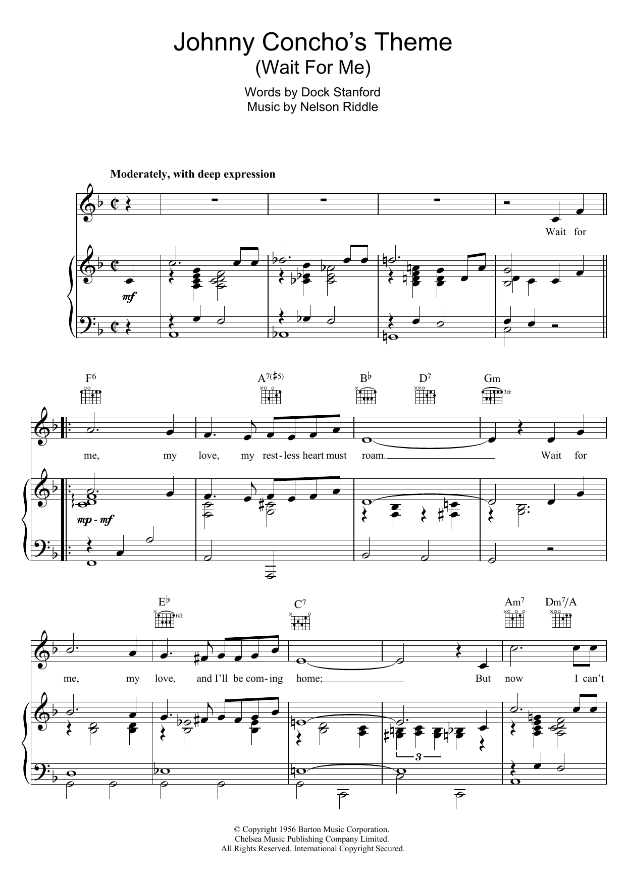 Learn to play Frank Sinatra Wait For Me (Johnny Concho's Theme) sheet music for Piano, Vocal & Guitar Chords in minutes. Price: 7.8900$ Frank Sinatra Wait For Me (Johnny Concho's Theme) sheet music notes and chords arranged for Piano, Vocal & Guitar Chords
