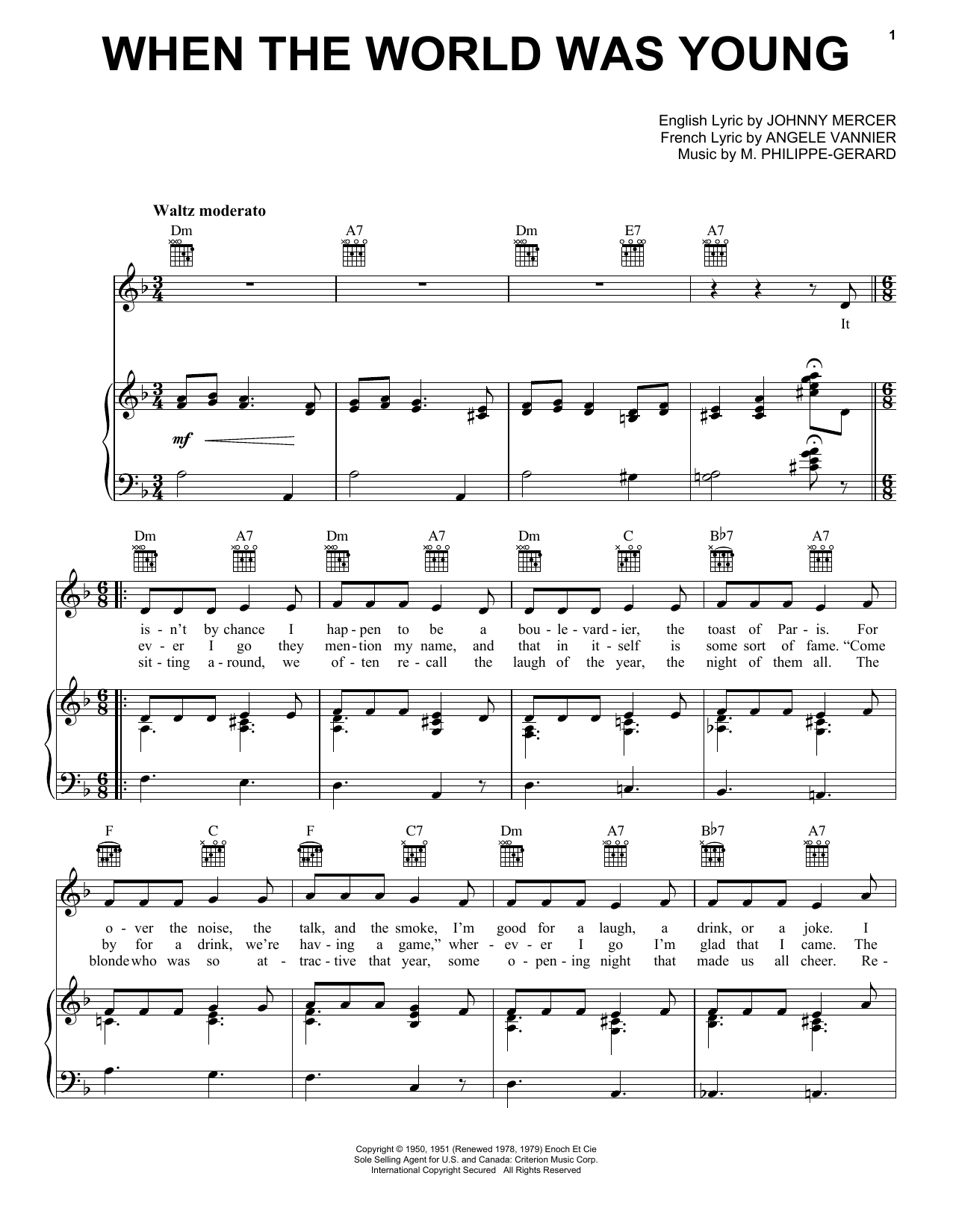 Frank Sinatra When The World Was Young sheet music notes and chords. Download Printable PDF.