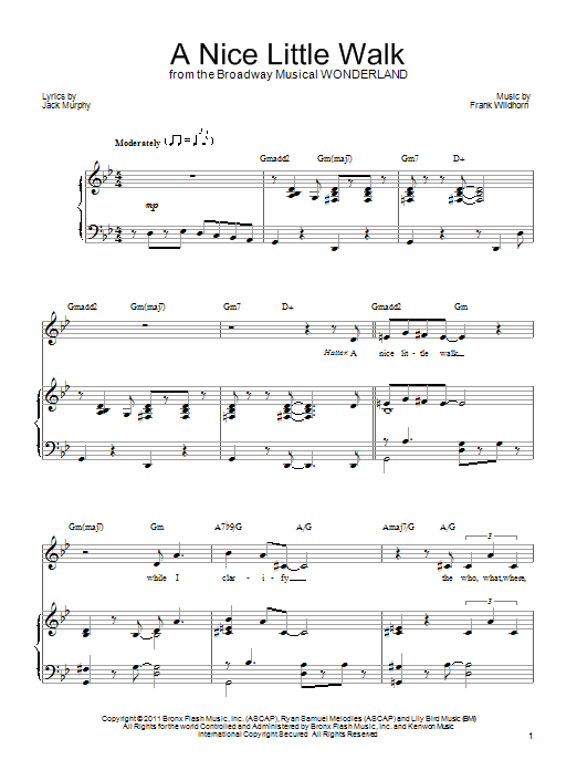 Learn to play Frank Wildhorn A Nice Little Walk sheet music for Piano, Vocal & Guitar Chords (Right-Hand Melody) in minutes. Price: 7.8900$ Frank Wildhorn A Nice Little Walk sheet music notes and chords arranged for Piano, Vocal & Guitar Chords (Right-Hand Melody)