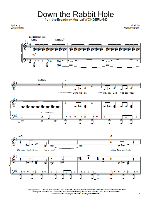 Learn to play Frank Wildhorn Down The Rabbit Hole sheet music for Piano, Vocal & Guitar Chords (Right-Hand Melody) in minutes. Price: 7.8900$ Frank Wildhorn Down The Rabbit Hole sheet music notes and chords arranged for Piano, Vocal & Guitar Chords (Right-Hand Melody)
