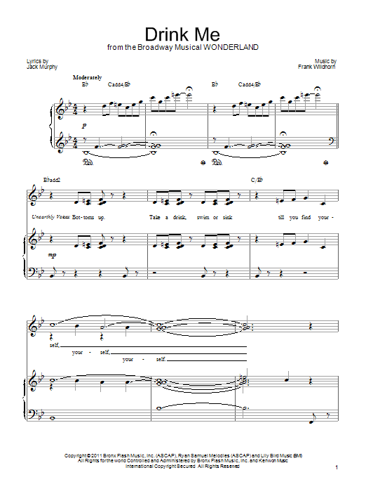Learn to play Frank Wildhorn Drink Me sheet music for Piano, Vocal & Guitar Chords (Right-Hand Melody) in minutes. Price: 7.8900$ Frank Wildhorn Drink Me sheet music notes and chords arranged for Piano, Vocal & Guitar Chords (Right-Hand Melody)